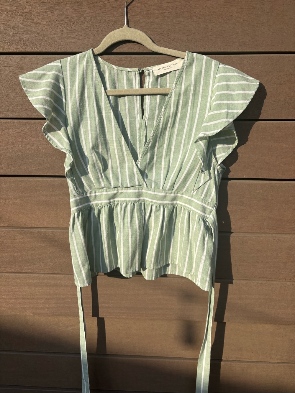Striped Sage Green V-Neck Peplum Tie-Waist Blouse